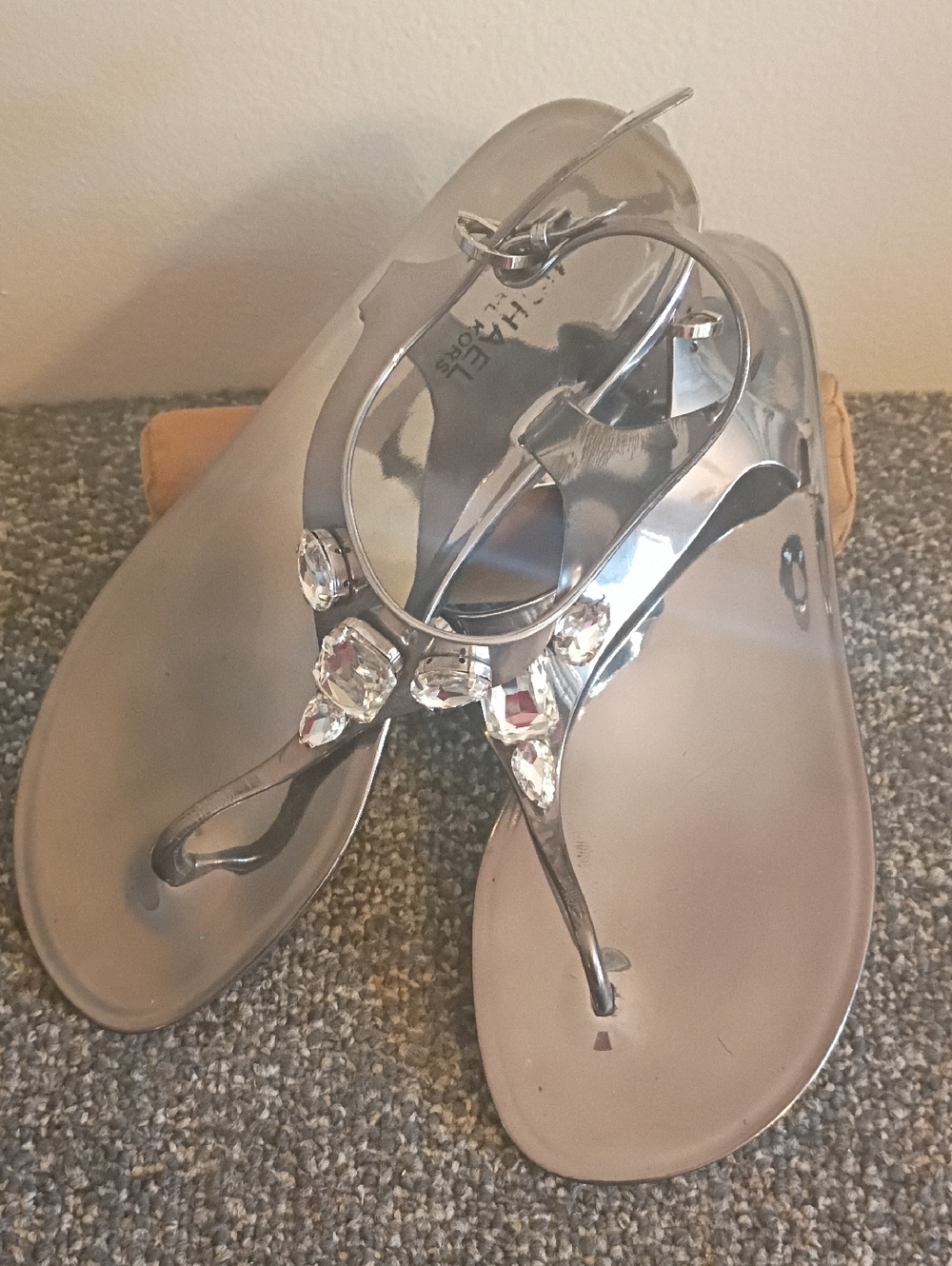 Michael kors Jayden Silver Jeweled Thong Sandals for Women Size 8